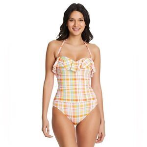 Bleu Rod Beattie Hip to Be Square Shirred
Ruffle Bandeau One-Piece Plaid Swim 8